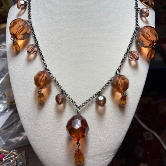 Gunmetal Necklace With Amber Colored Faceted Bead Dangles - Picture 2 of 2